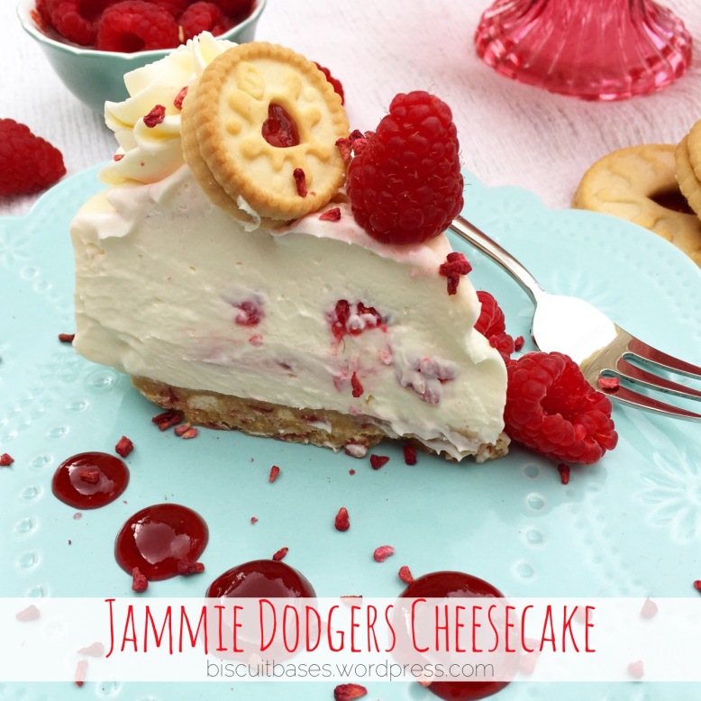 Raspberry ripple cheesecake with a Jammie dodger base
